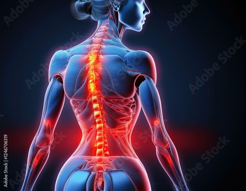 腰部の関節炎を強調した人体モデル—炎症と痛みの視覚化による健康リスクの警告