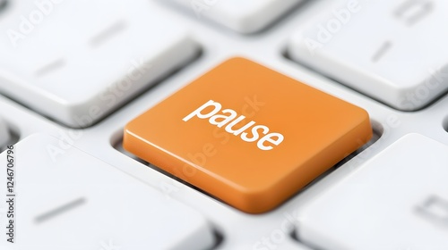 Close-up of an orange pause title key on a white keyboard, symbolizing technology, control, and productivity