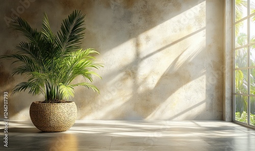 Minimalist Interior Scene with Large Empty Wall Soft Lighting Potted Palm Modern Architectural Style