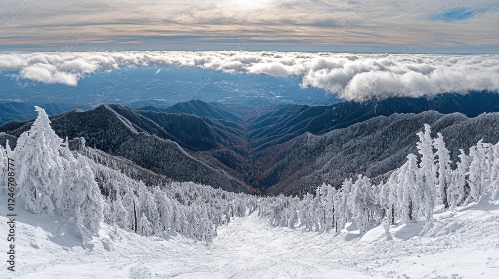 Obraz premium Majestic Snowy Mountain Landscape Under Dramatic Cloudy Sky