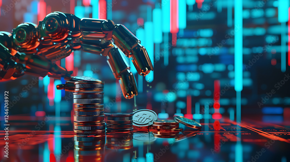 Fototapeta premium AI(Artificial Intelligence) and Financial Technology concept.Robot Hand holding stacking pile of coins and analyzing the stock market