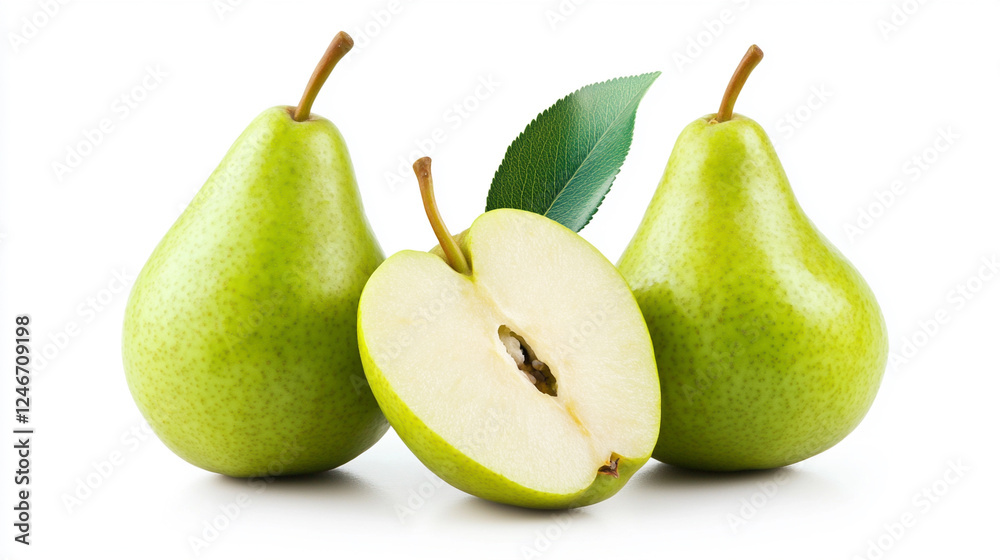 Fresh, green pears with a leaf, showcasing their natural beauty and healthy appeal. Fresh, green pears with a leaf, showcasing their natural beauty and healthy appeal.