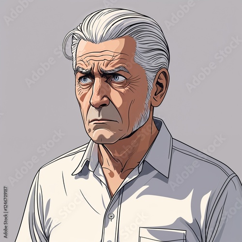 A senior man worried with slicked back white hair wearing a summer shirt in a simple hand drawing flat line design photo