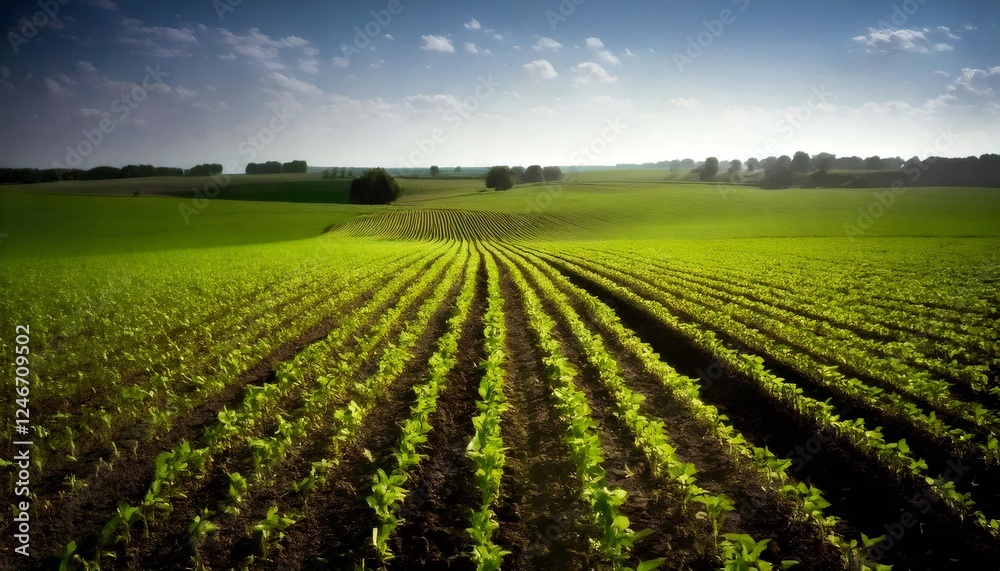 Lush green farmland with endless crop rows Lush green farmland with endless crop rows