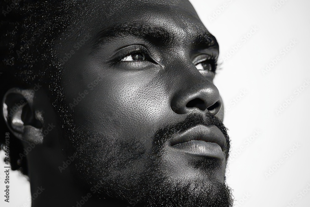 profile of an african american man captured in black and white radiating strength and introspection set against a stark white background that emphasizes his determined gaze profile of an african american man captured in black and white radiating strength and introspection set against a stark white background that emphasizes his determined gaze