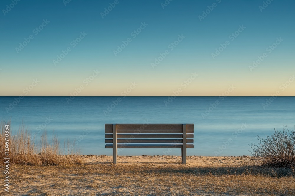 Quiet bench overlooking calm waters at sunrise near sandy beach Quiet bench overlooking calm waters at sunrise near sandy beach