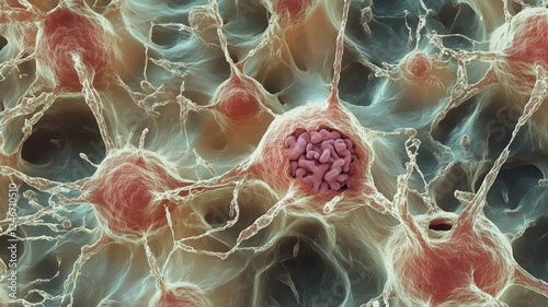 A microscopic image of a human body. virus attacking a healthy immune system cell with antibodies. Cellular therapy and regeneration. Research of stem cells, immunology and longevity