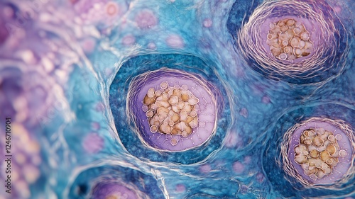 A microscopic image of a human body. virus attacking a healthy immune system cell with antibodies. Cellular therapy and regeneration. Research of stem cells, immunology and longevity