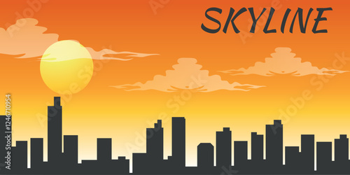 Sunset, black silhouette of a big city skyline with skyscrapers and warm shades of evening sky. Vector.