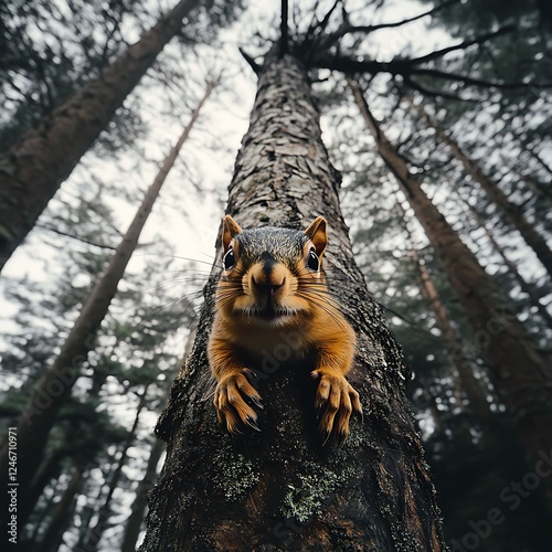 Squirrel Climbing Tree Branch in Forest Wildlife Photography Close-Up View Nature Scene photo