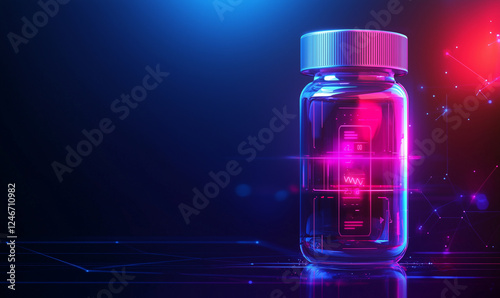 Exploring pharmacy innovations with medicine bottles drug capsules and supplements in a digital environment for health and wellness photo