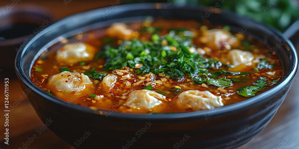 Delicious Chinese wonton soup with dumplings and fresh greens, perfect for comforting meal Delicious Chinese wonton soup with dumplings and fresh greens, perfect for comforting meal