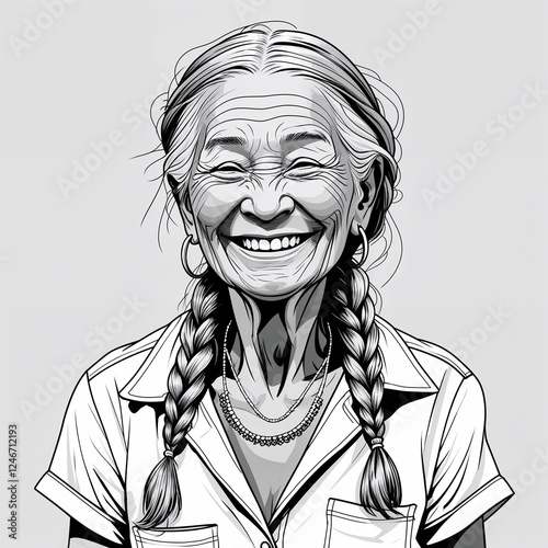 An elderly woman smirking with braided hair wearing a summer blouse in a simple hand drawing flat line design