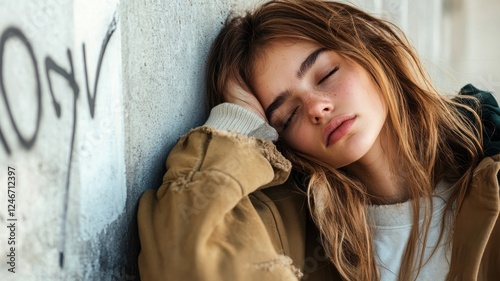 Stressed painful depression trauma. An unhappy Teenager with tousled hair rests her head against a wall, exuding a sense of tranquility amidst an urban backdrop.