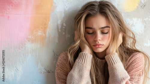 Stressed painful depression trauma. A young woman with long hair sits against a colorful wall, covering her ears with her hands, appearing contemplative and introspective.
