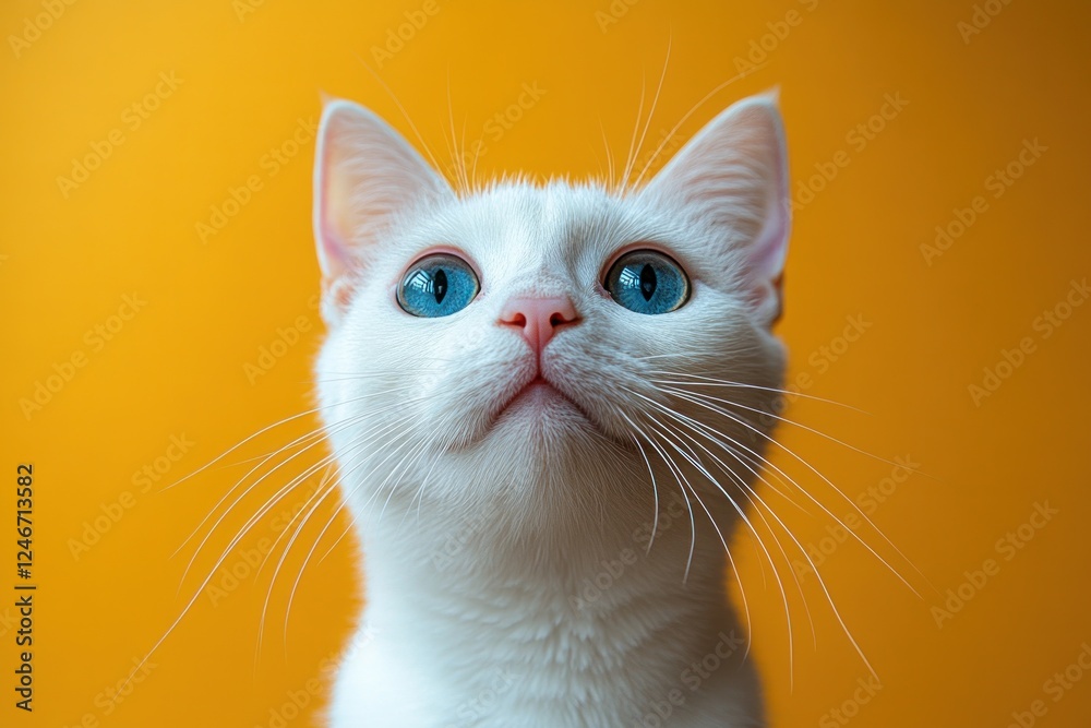Playful white cat with surprised expression licking lips on vibrant yellow background Playful white cat with surprised expression licking lips on vibrant yellow background