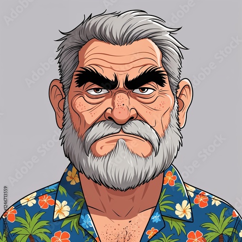A senior man grumpy with thick bushy eyebrows wearing a summer Hawaiian shirt in a simple hand drawing flat line design