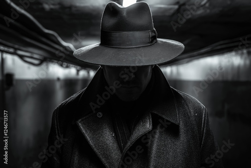 Mysterious man in dark alley wearing fedora and trench coat