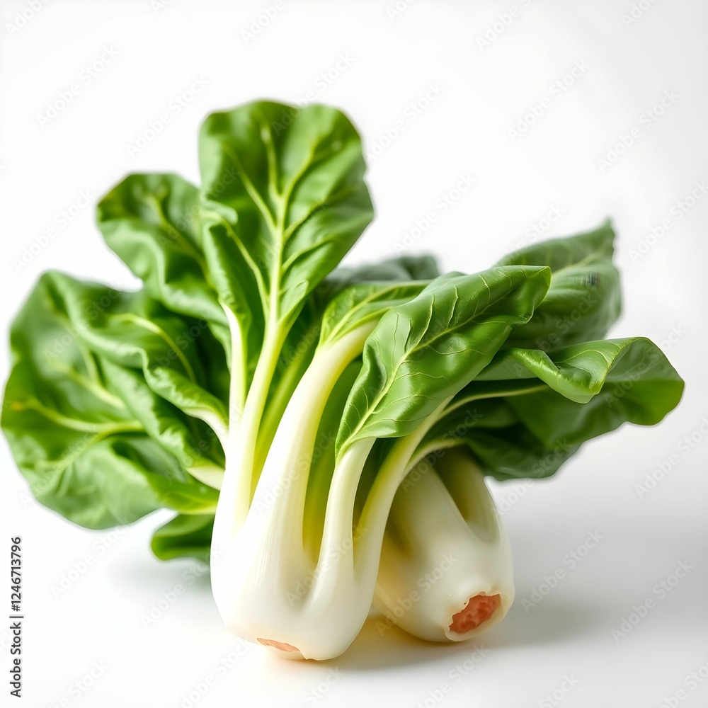 Fresh bok choy, vibrant green leaves, white crisp stems, organic vegetable, closeup photography, studio lighting, white background, high detail, food photography, healthy eating, farm-to-table Fresh bok choy, vibrant green leaves, white crisp stems, organic vegetable, closeup photography, studio lighting, white background, high detail, food photography, healthy eating, farm-to-table