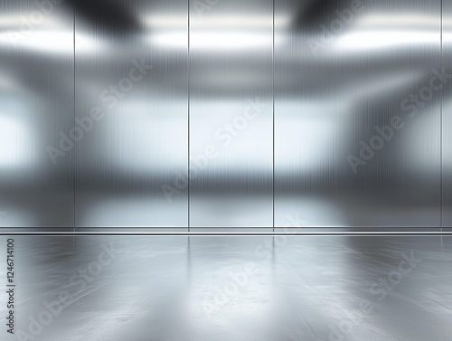 stock photo features a sleek, minimalist metal room with a silver background, creating a modern and industrial atmosphere for a variety of design and business concepts