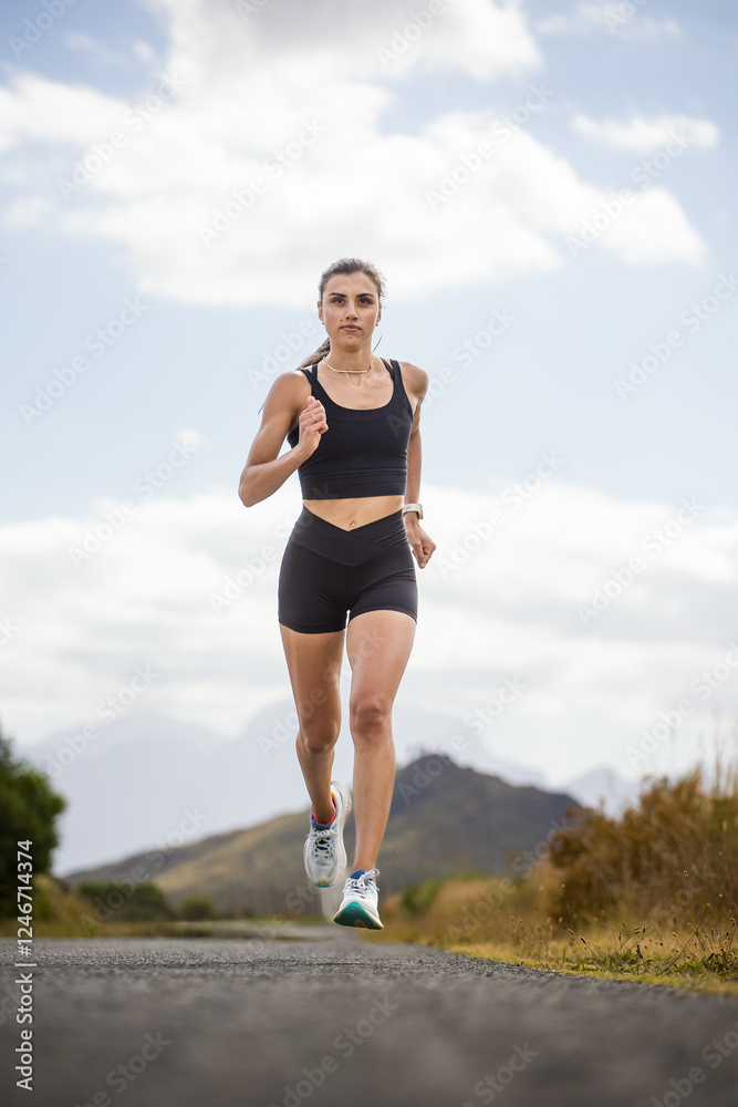 Female athlete in black sportswear running on a rural road with a scenic mountainous backdrop, emphasizing endurance and outdoor fitness. Female athlete in black sportswear running on a rural road with a scenic mountainous backdrop, emphasizing endurance and outdoor fitness.