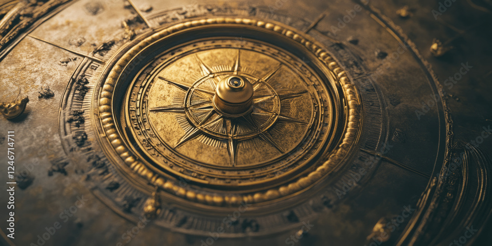 Fototapeta premium Vintage golden compass background with aged patina, intricate nautical detailing.