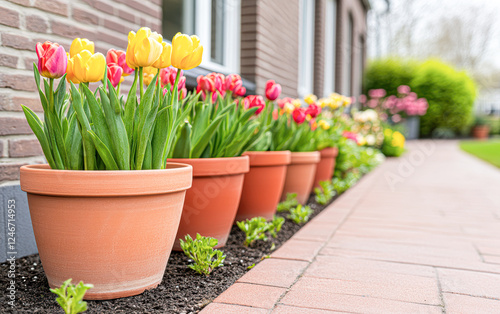 Wallpaper Mural Vibrant tulip display in pots spring floral beauty along garden pathway Torontodigital.ca