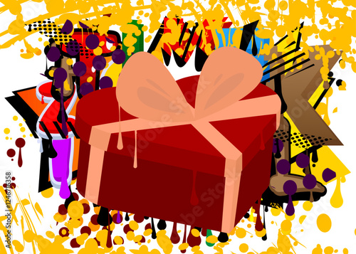 Heart shaped gift box graffiti. Abstract modern street art decoration performed in urban painting style.