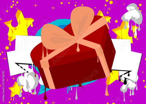 Heart shaped gift box graffiti. Abstract modern street art decoration performed in urban painting style.