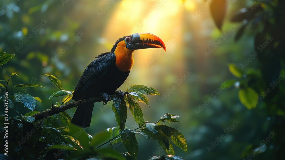 Obraz premium Jungle animals, including a hornbill flying through dense green foliage in a rainforest