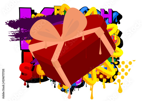 Heart shaped gift box graffiti. Abstract modern street art decoration performed in urban painting style.