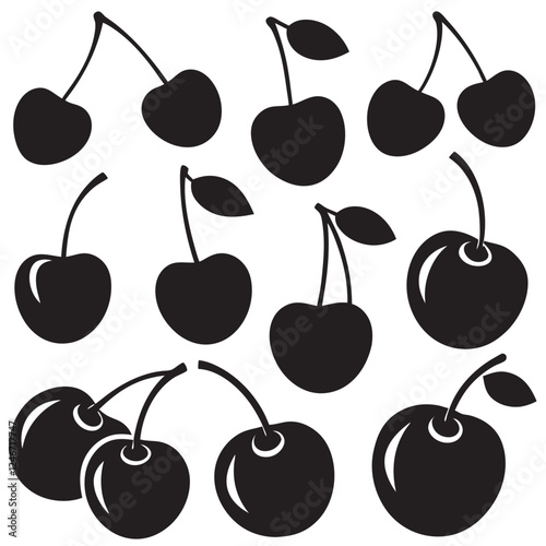 Different style cherry silhouettes set fruit pack of vector silhouette design