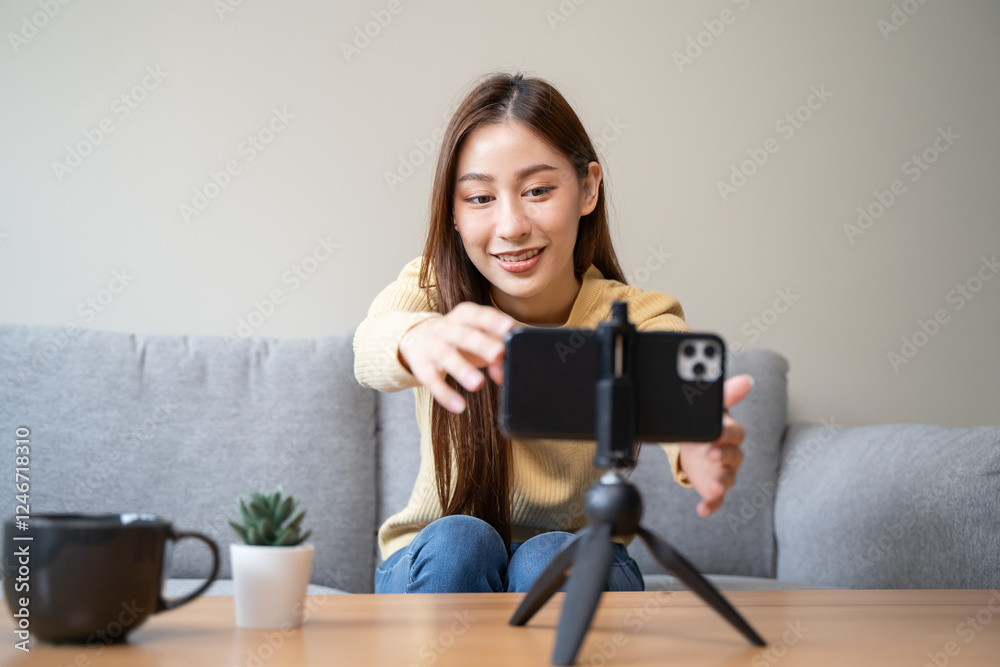 Young asian woman recording herself interview video via smartphone for her vlog. Young asian woman recording herself interview video via smartphone for her vlog.
