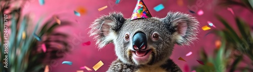 Koala with party hat and confetti, pink background photo