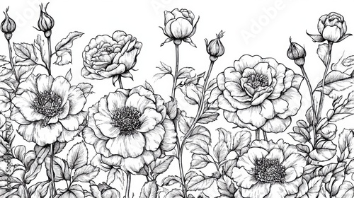 Wallpaper Mural Hand-Drawn Floral Pattern of Roses and Peonies in Black and White Torontodigital.ca