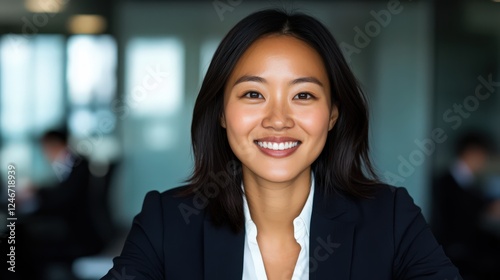 A woman in a business suit is smiling and looking at the camera