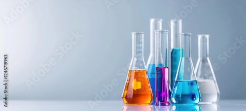 A row of glass beakers with different colored liquids in them