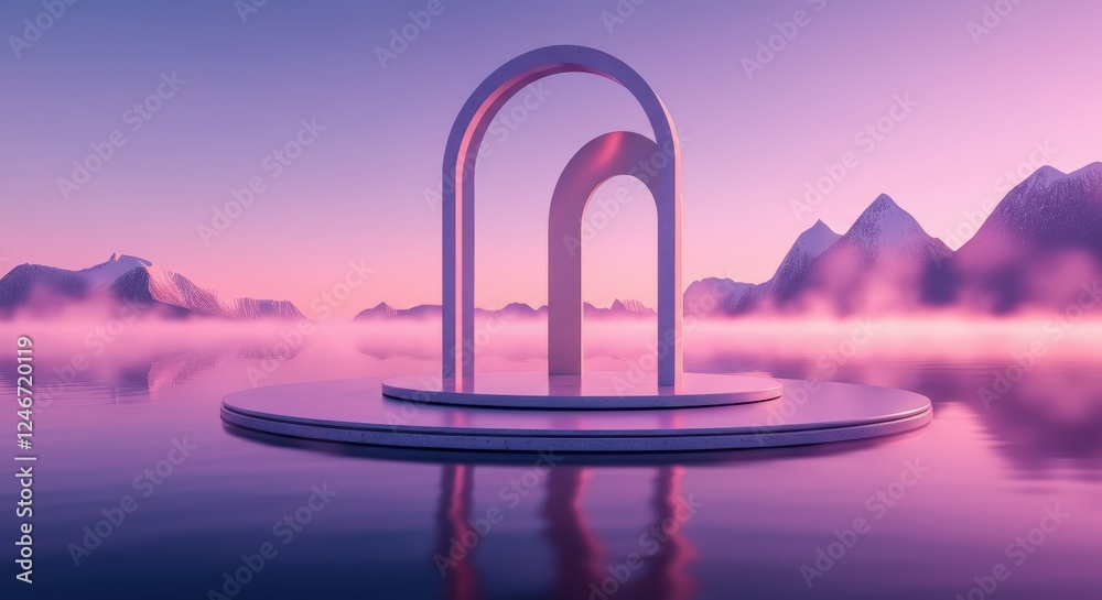 Fototapeta premium Abstract arch structure on a serene lake at sunrise, creating a tranquil atmosphere