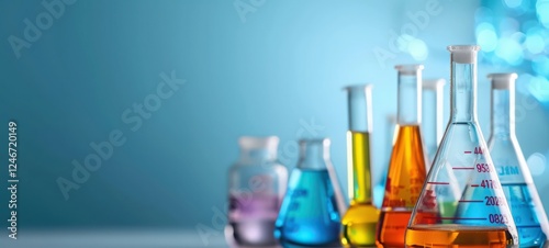 A collection of colorful glass beakers and test tubes on a table