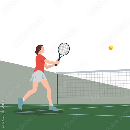 Determined female tennis player prepares to hit the ball with her racket on an outdoor court. Flat vector illustration isolated on white background