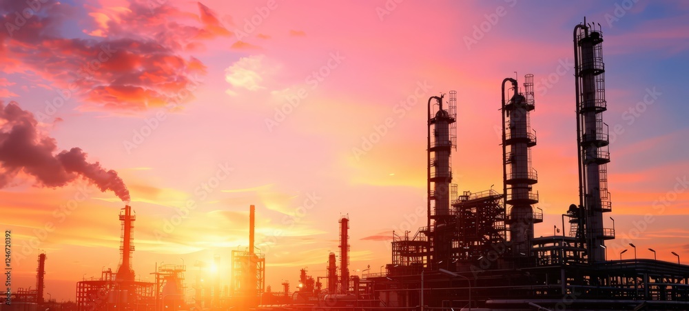Obraz premium A sunset over a large industrial area with many tall buildings