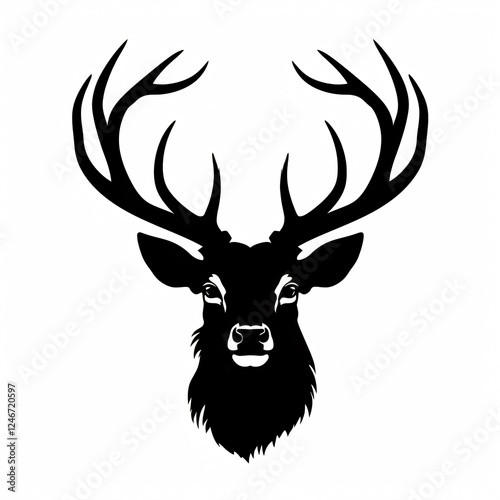 Intricate Black Deer Head Silhouette with Elegant Horns for Wildlife Designs