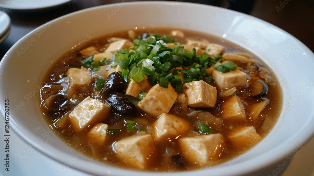 Delicious Mapo Tofu in a White Bowl, Close Up Delicious Mapo Tofu in a White Bowl, Close Up