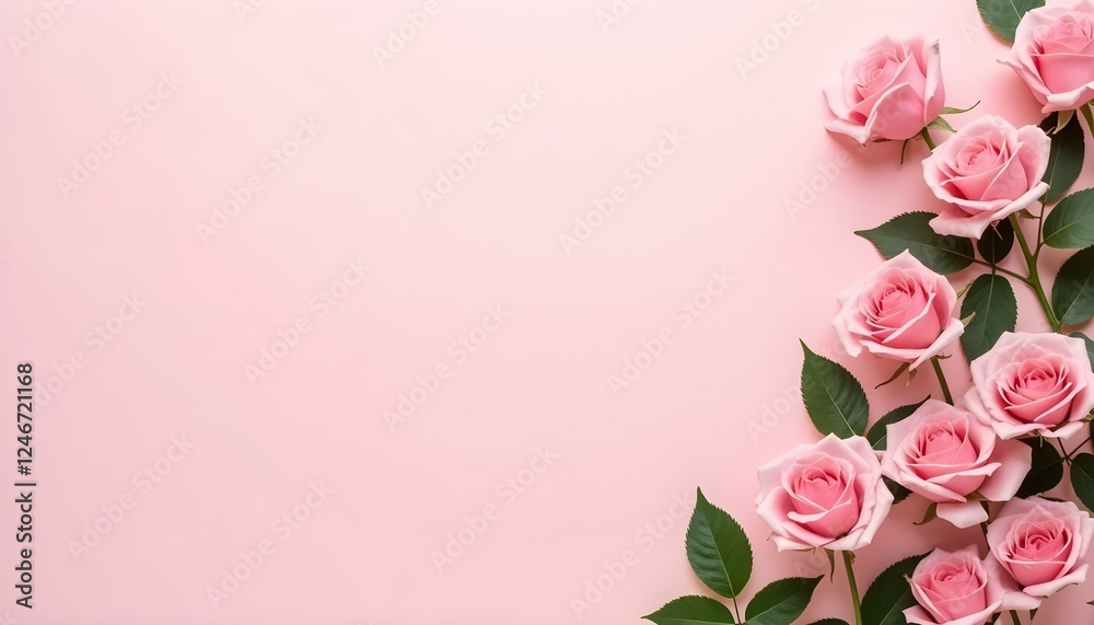 Fototapeta premium Bouquet of pink roses on light pink background, Pink Roses on a Minimal Pastel Background, Soft Pink Blooming Roses with petals and leaves on Light Pastel Canvas, Soft Pink Roses on Light Pink Canvas