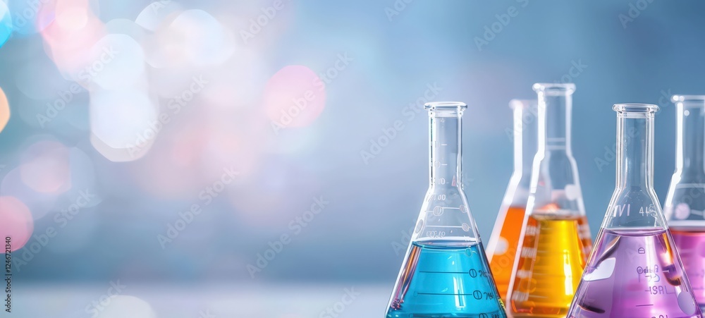 A row of colorful glass beakers filled with different colored liquids A row of colorful glass beakers filled with different colored liquids