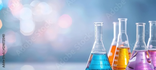 A row of colorful glass beakers filled with different colored liquids