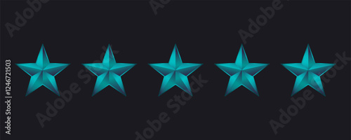 Five Blue Stars. Five star product rating, reviews and services Vector illustration 3d stars. Isolated on dark background