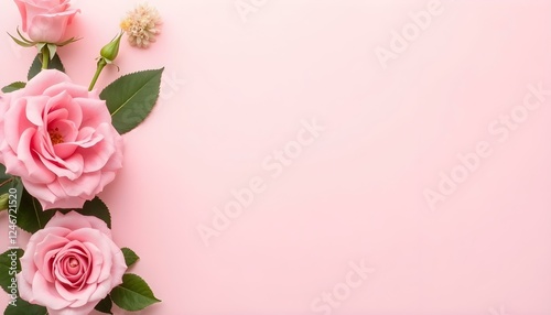 Bouquet of pink roses on light pink background, Pink Roses on a Minimal Pastel Background, Soft Pink Blooming Roses with petals and leaves on Light Pastel Canvas, Soft Pink  Roses on Light Pink Canvas