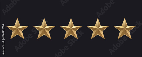 Five gold stars. Five stars product rating, reviews and services Vector illustration 3d stars. Isolated on dark background