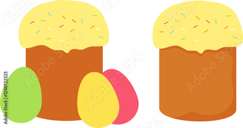 Set with easter bread and dyed eggs. Vector illustration with transparent background. 